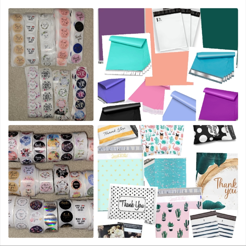 Bundle of assorted poly mailers and thank you stickers